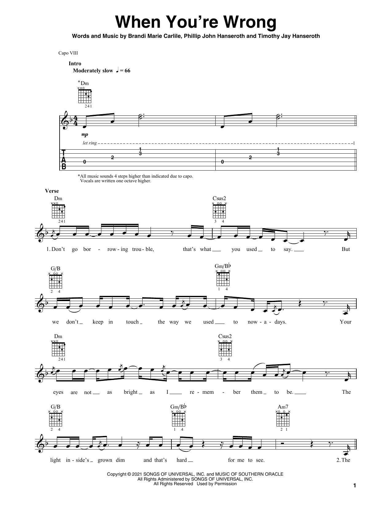 Download Brandi Carlile When You're Wrong Sheet Music and learn how to play Solo Guitar PDF digital score in minutes