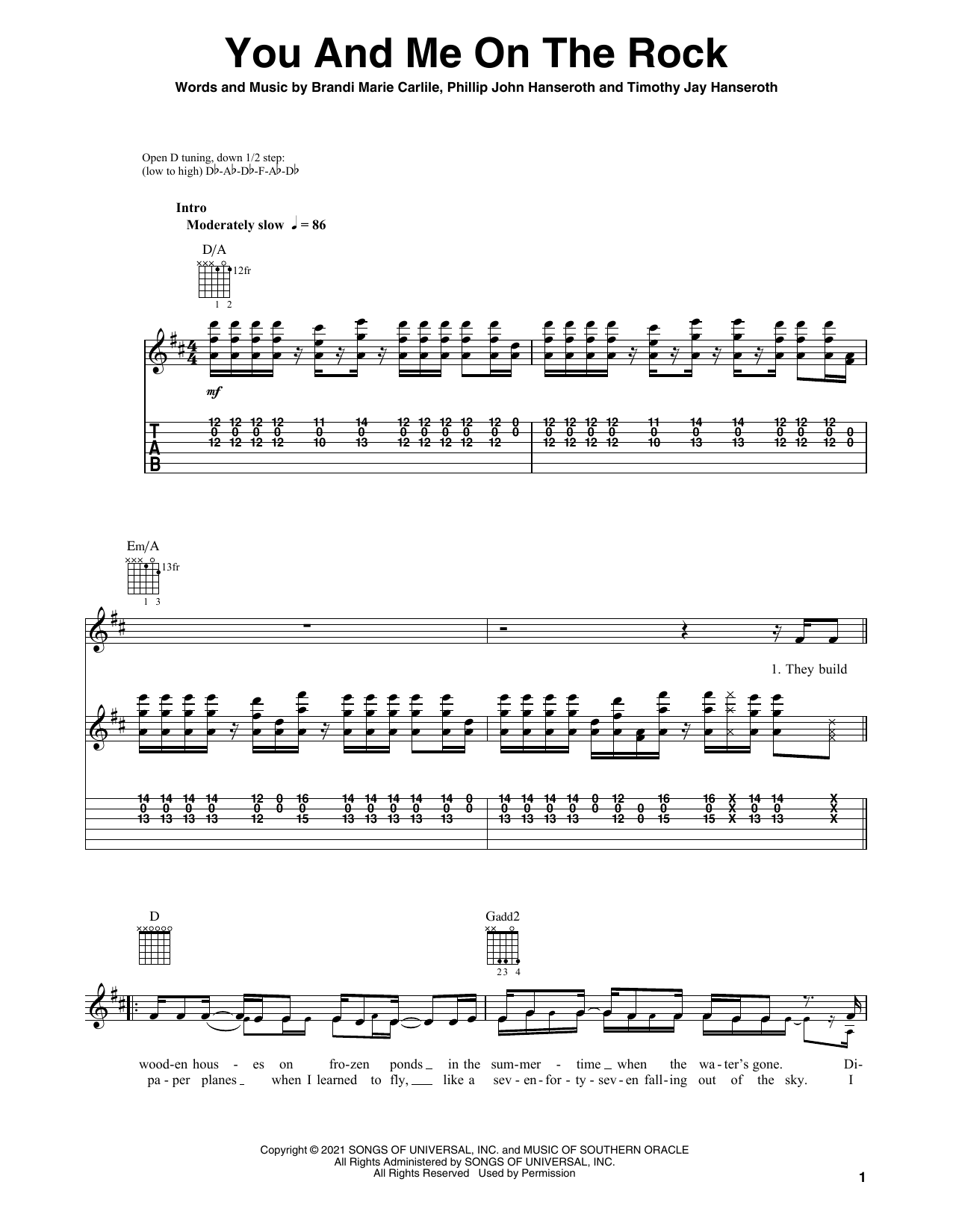 Download Brandi Carlile You And Me On The Rock (feat. Lucius) Sheet Music and learn how to play Solo Guitar PDF digital score in minutes