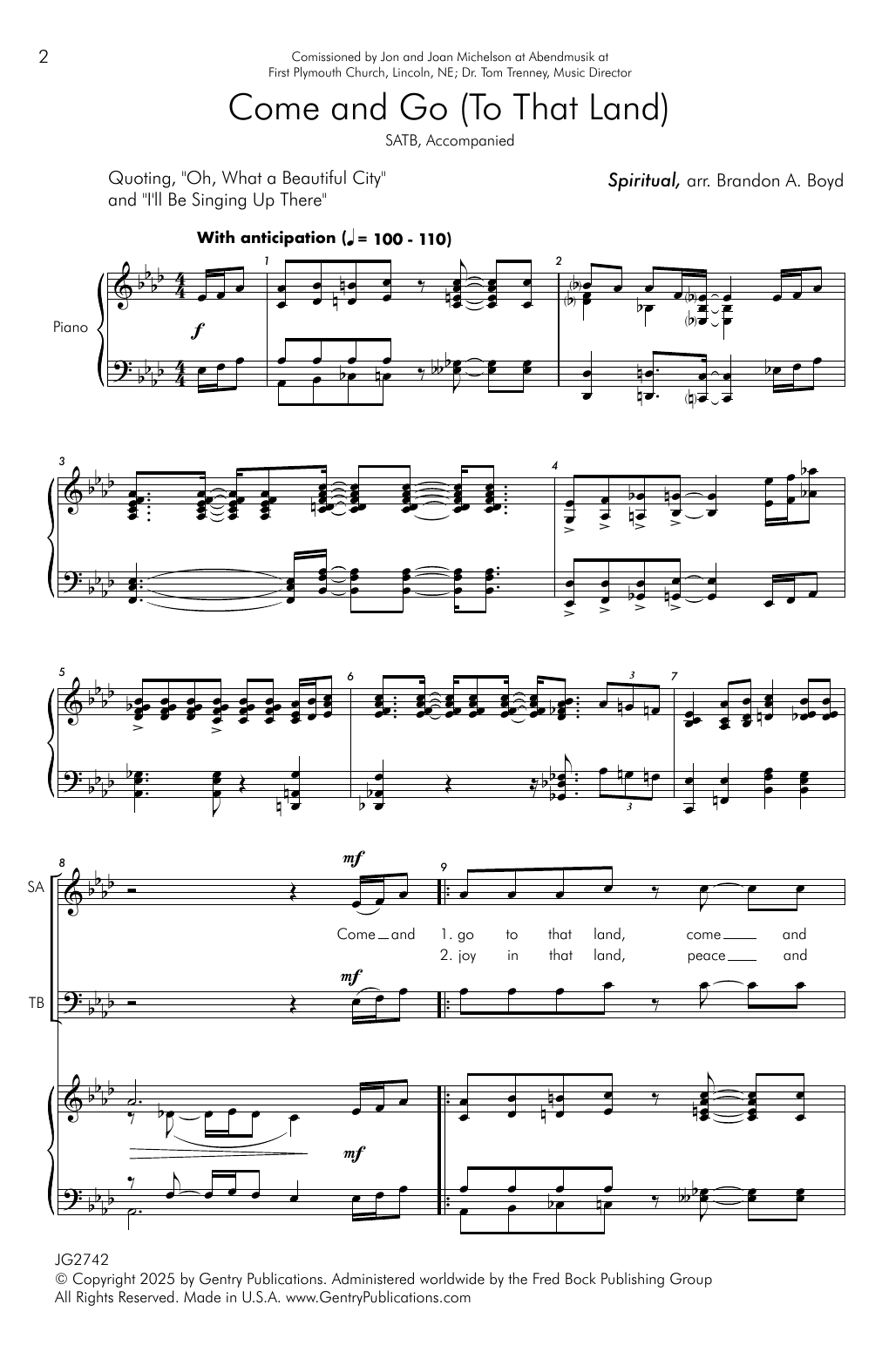 Download Brandon Boyd Come And Go (To That Land) Sheet Music and learn how to play SATB Choir PDF digital score in minutes