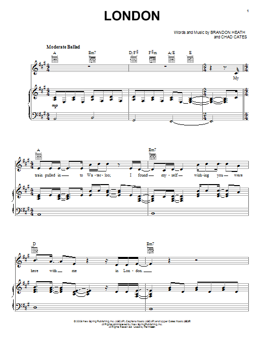 Download Brandon Heath London Sheet Music and learn how to play Piano, Vocal & Guitar (Right-Hand Melody) PDF digital score in minutes