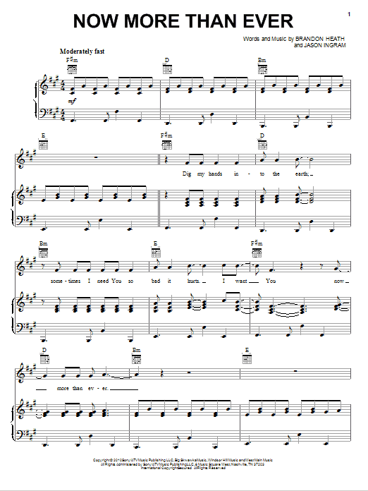 Download Brandon Heath Now More Than Ever Sheet Music and learn how to play Piano, Vocal & Guitar (Right-Hand Melody) PDF digital score in minutes