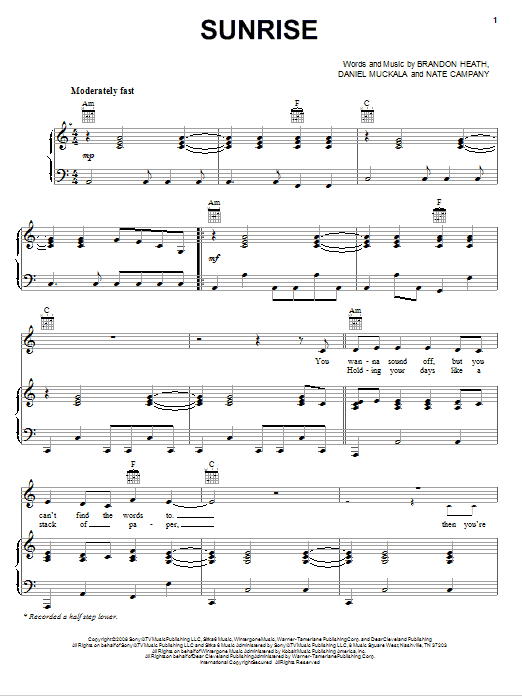 Download Brandon Heath Sunrise Sheet Music and learn how to play Piano, Vocal & Guitar (Right-Hand Melody) PDF digital score in minutes