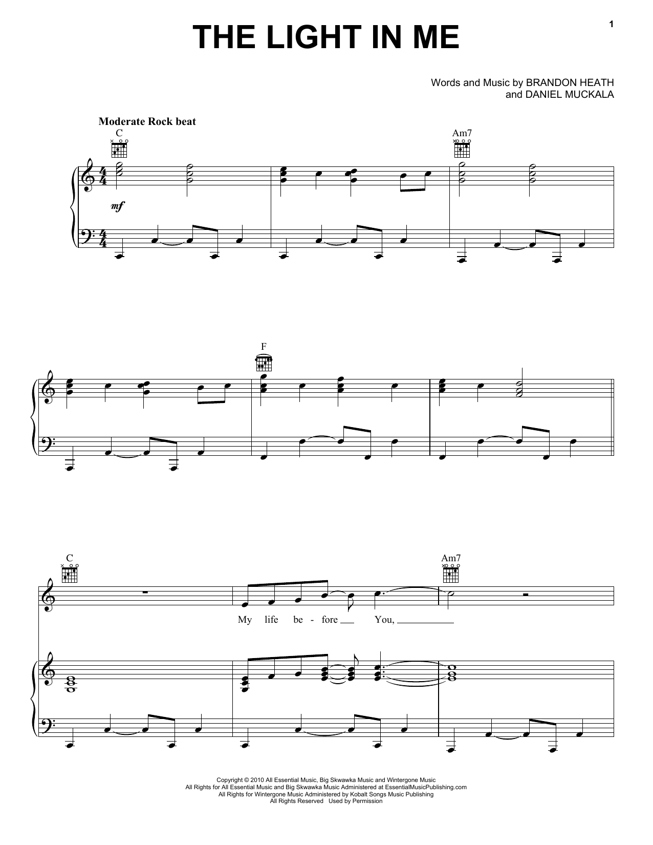 Download Brandon Heath The Light In Me Sheet Music and learn how to play Piano, Vocal & Guitar (Right-Hand Melody) PDF digital score in minutes