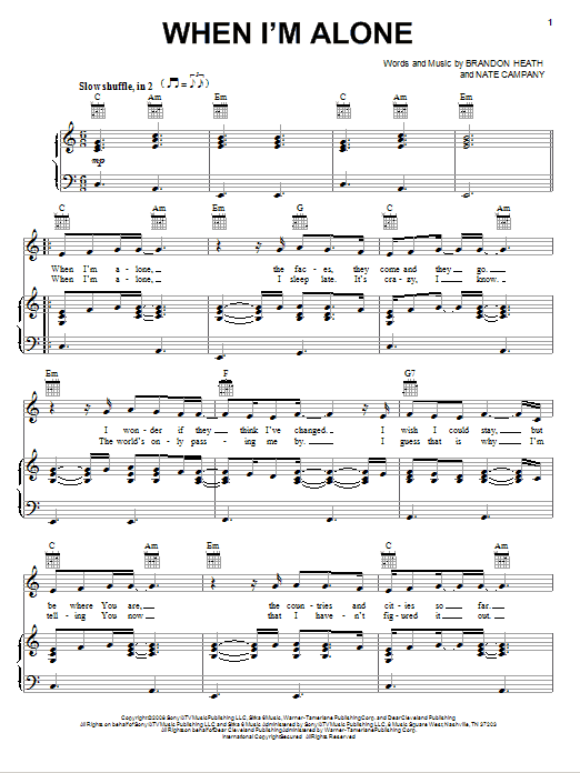 Download Brandon Heath When I'm Alone Sheet Music and learn how to play Piano, Vocal & Guitar (Right-Hand Melody) PDF digital score in minutes