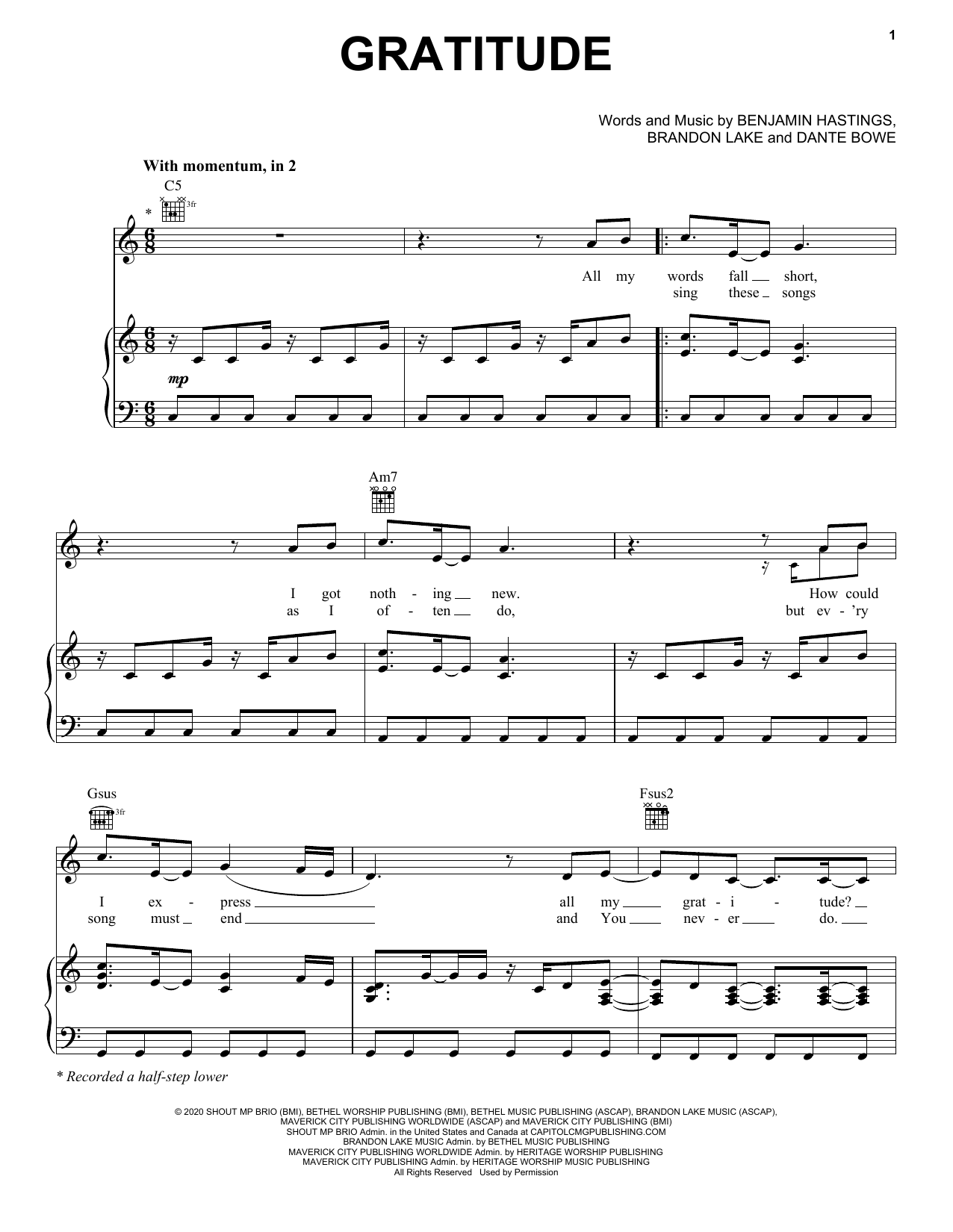 Download Brandon Lake Gratitude Sheet Music and learn how to play Lead Sheet / Fake Book PDF digital score in minutes
