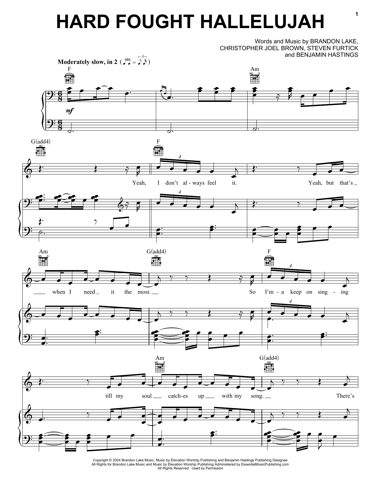 Download Brandon Lake Hard Fought Hallelujah (with Jelly Roll) Sheet Music and learn how to play Piano, Vocal & Guitar Chords (Right-Hand Melody) PDF digital score in minutes