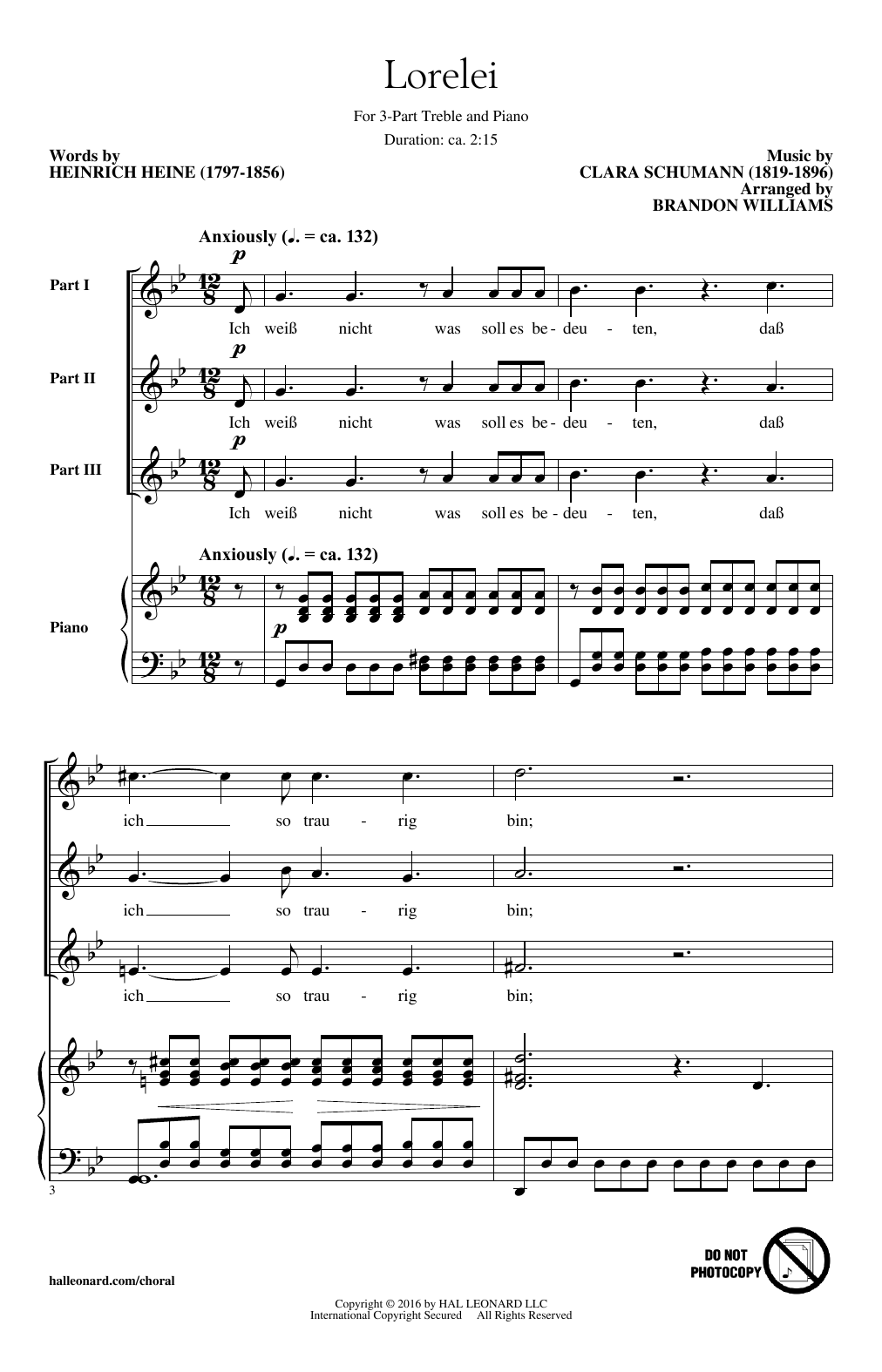 Download Brandon Williams Lorelei Sheet Music and learn how to play 3-Part Treble PDF digital score in minutes