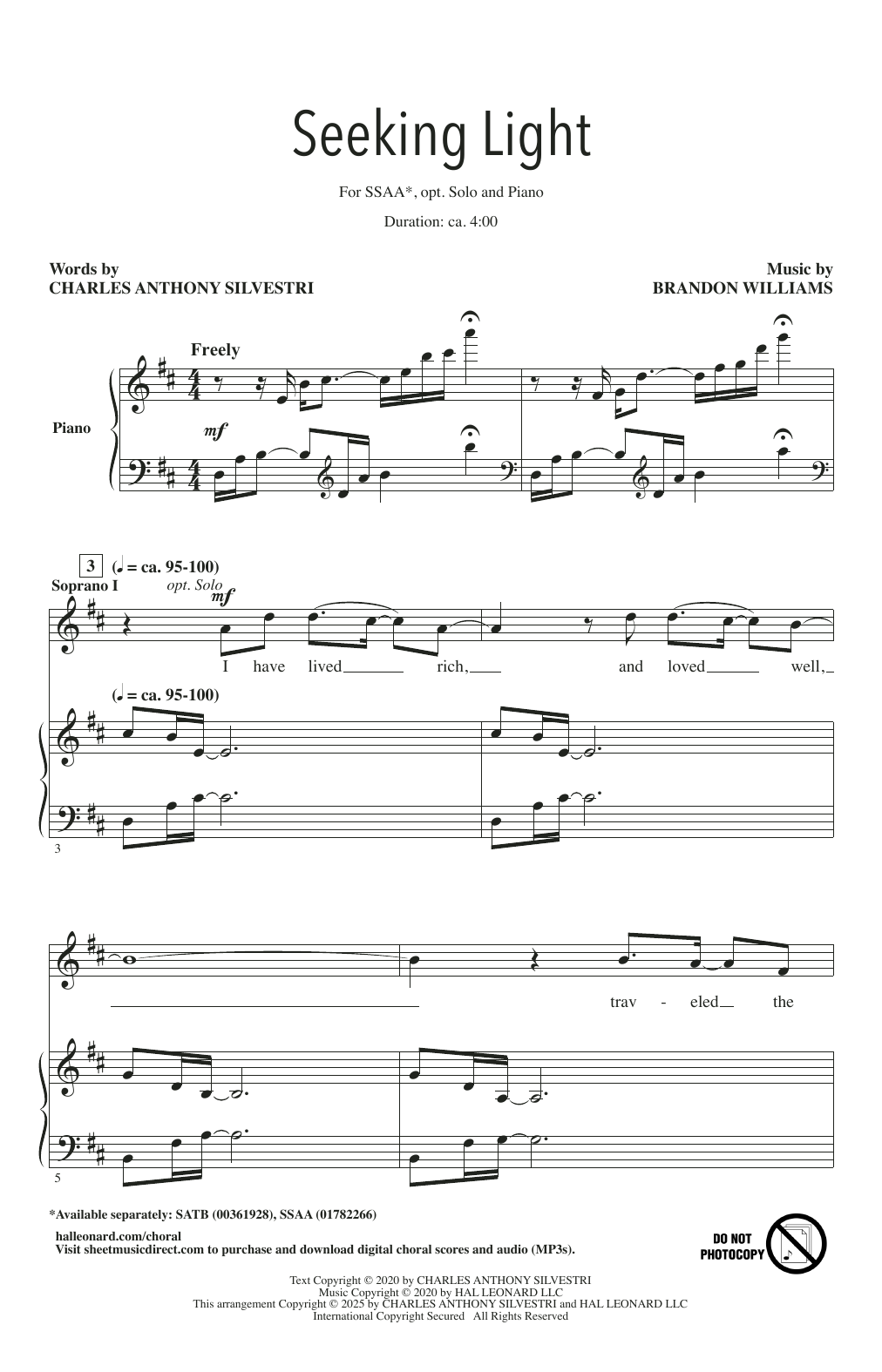 Download Brandon Williams Seeking Light Sheet Music and learn how to play SSAA Choir PDF digital score in minutes