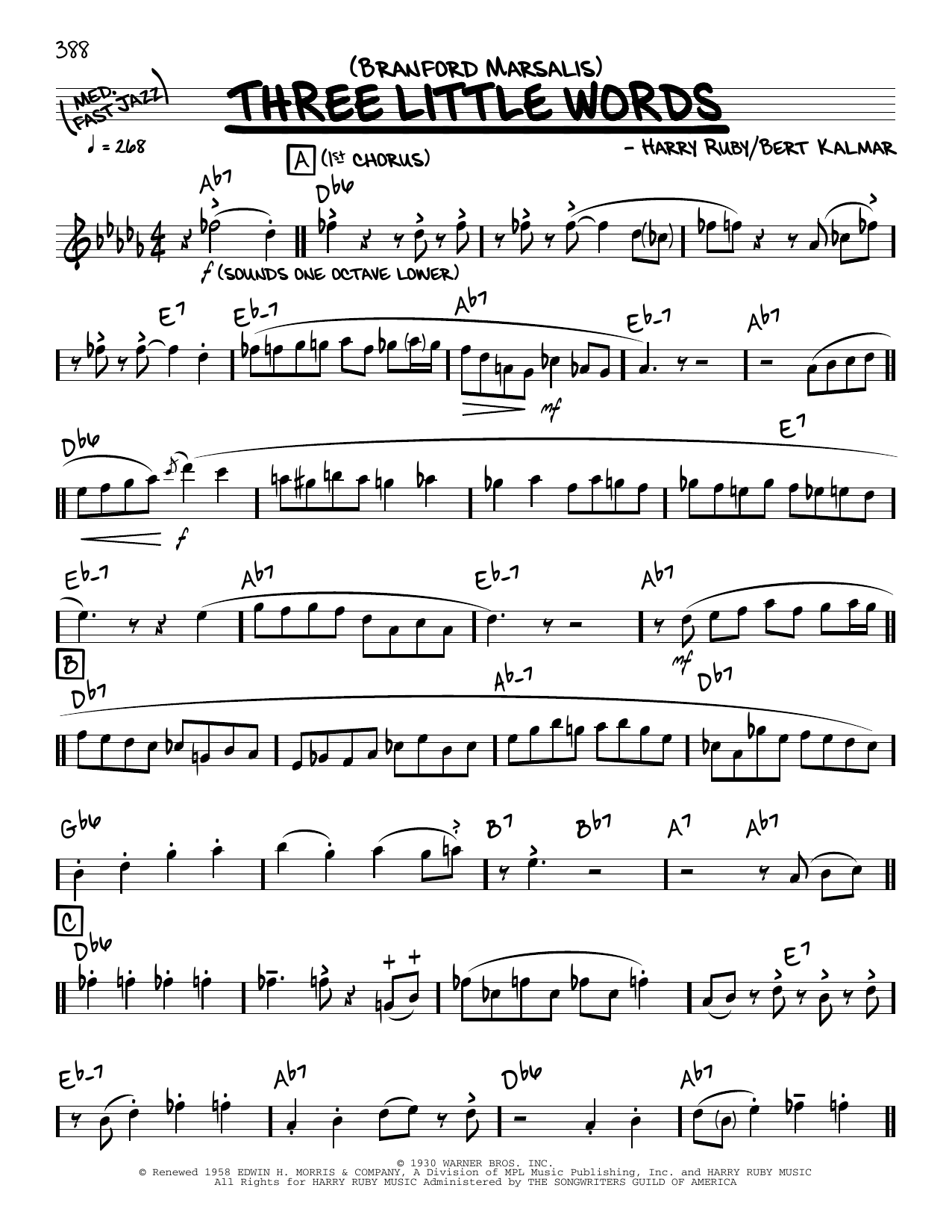 Download Branford Marsalis Three Little Words (solo only) Sheet Music and learn how to play Real Book – Melody & Chords PDF digital score in minutes