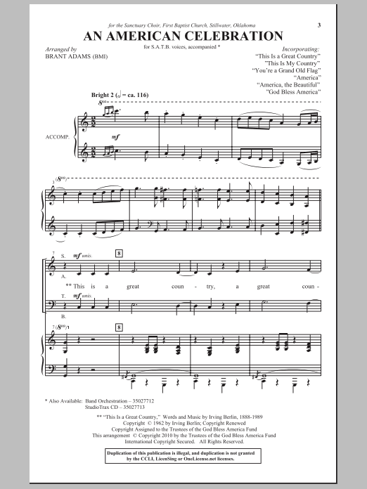 Download Brant Adams An American Celebration Sheet Music and learn how to play SATB Choir PDF digital score in minutes