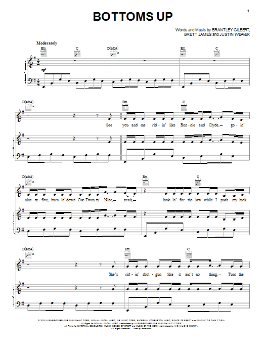 Download Brantley Gilbert Bottoms Up Sheet Music and learn how to play Piano, Vocal & Guitar (Right-Hand Melody) PDF digital score in minutes