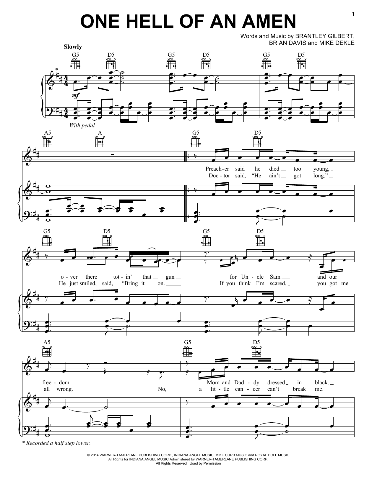 Download Brantley Gilbert One Hell Of An Amen Sheet Music and learn how to play Piano, Vocal & Guitar (Right-Hand Melody) PDF digital score in minutes