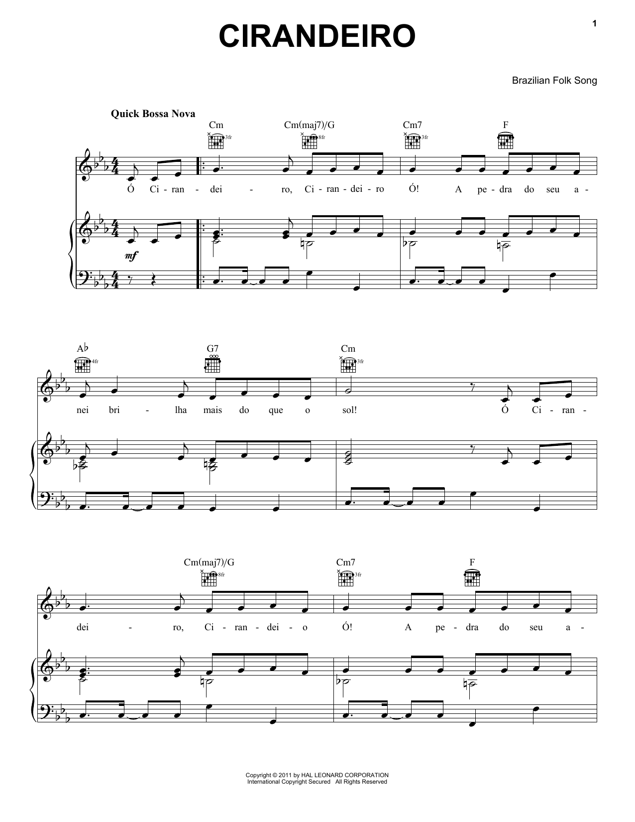 Download Brazilian Folk Song Cirandeiro Sheet Music and learn how to play Piano, Vocal & Guitar (Right-Hand Melody) PDF digital score in minutes