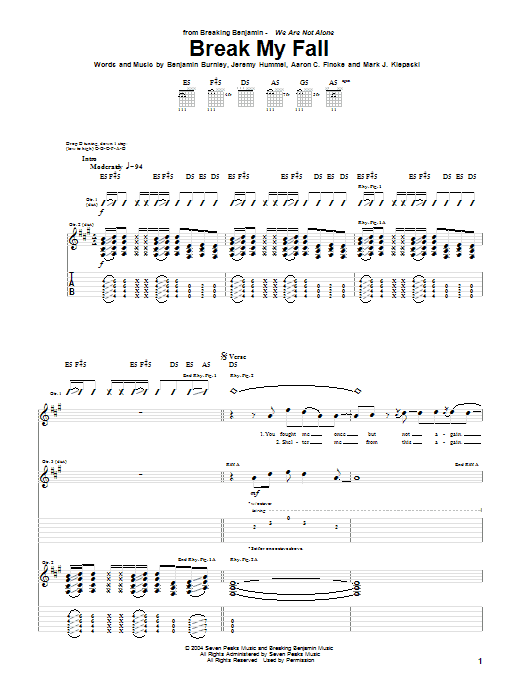 Download Breaking Benjamin Break My Fall Sheet Music and learn how to play Guitar Tab PDF digital score in minutes