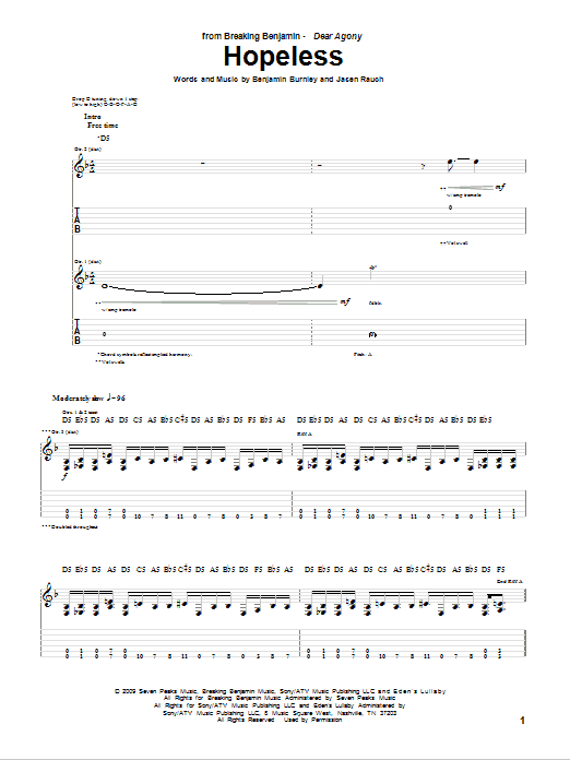 Download Breaking Benjamin Hopeless Sheet Music and learn how to play Guitar Tab PDF digital score in minutes