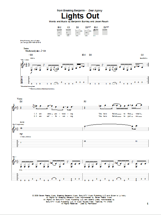 Download Breaking Benjamin Lights Out Sheet Music and learn how to play Guitar Tab PDF digital score in minutes