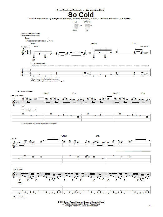 Download Breaking Benjamin So Cold Sheet Music and learn how to play Guitar Tab PDF digital score in minutes