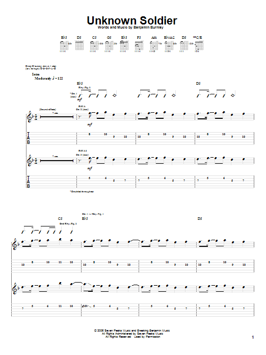 Download Breaking Benjamin Unknown Soldier Sheet Music and learn how to play Guitar Tab PDF digital score in minutes