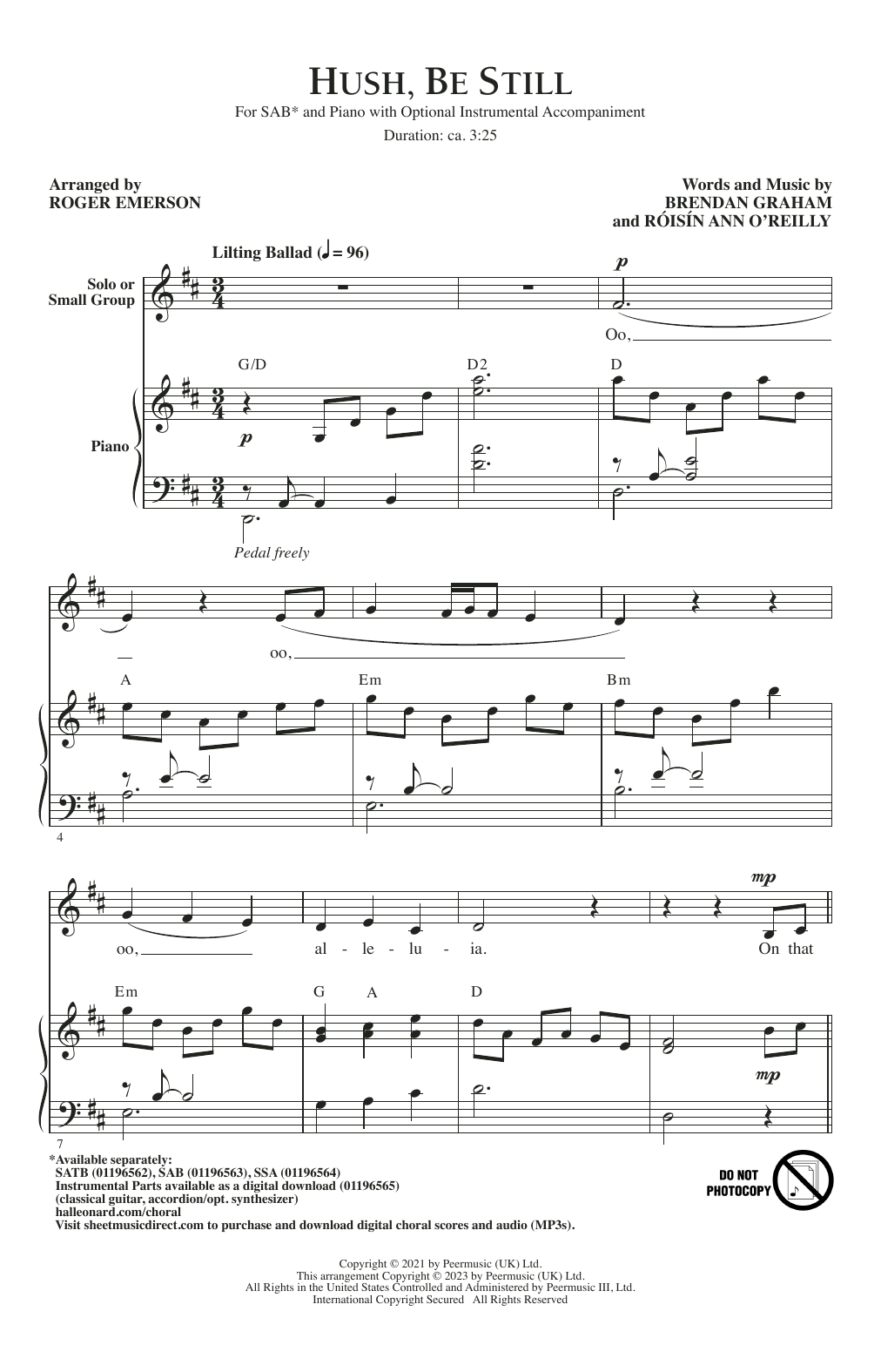 Download Brendan Graham and Róisín Ann O'Reilly Hush, Be Still (arr. Roger Emerson) Sheet Music and learn how to play SAB Choir PDF digital score in minutes