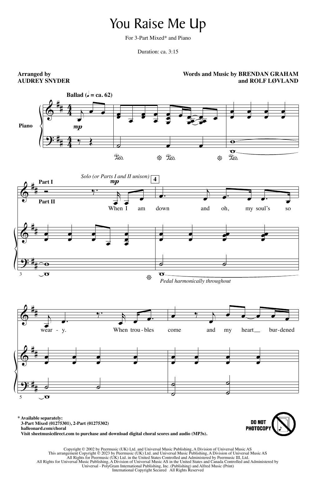 Download Brendan Graham and Rolf Lovland You Raise Me Up (arr. Audrey Snyder) Sheet Music and learn how to play 2-Part Choir PDF digital score in minutes