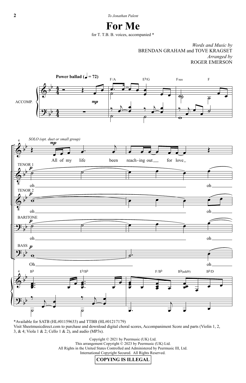 Download Brendan Graham and Tove Kragset For Me (arr. Roger Emerson) Sheet Music and learn how to play TTBB Choir PDF digital score in minutes