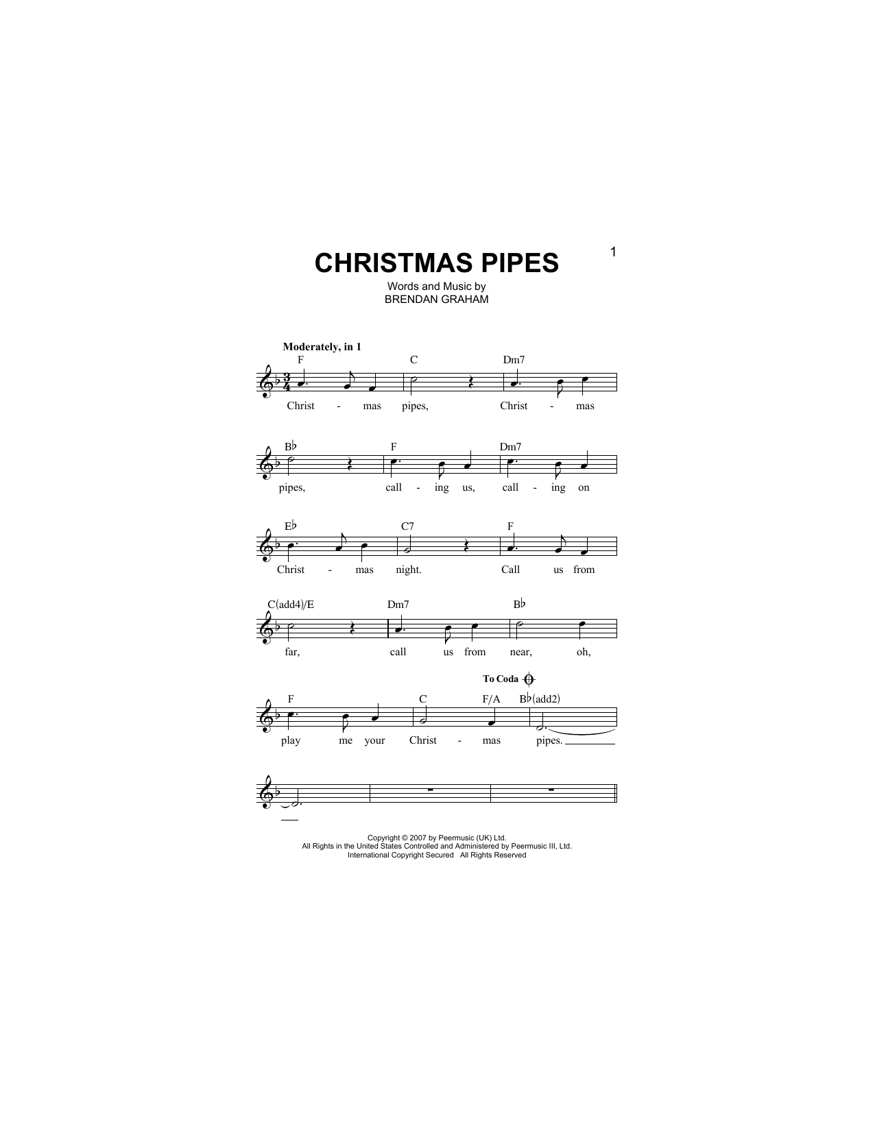 Download Brendan Graham Christmas Pipes Sheet Music and learn how to play Melody Line, Lyrics & Chords PDF digital score in minutes