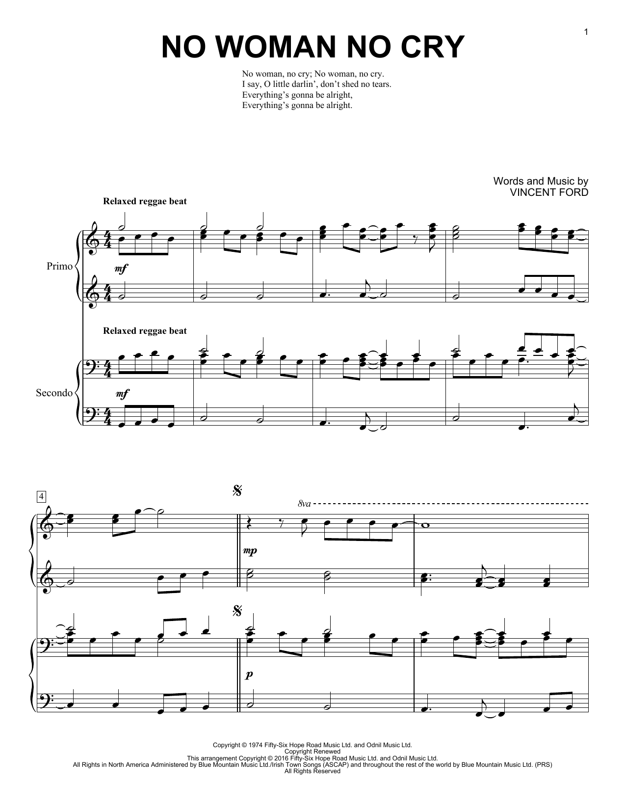 Download Brent Edstrom No Woman No Cry Sheet Music and learn how to play Piano Duet PDF digital score in minutes