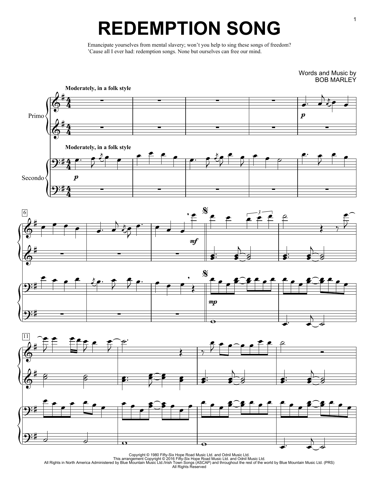 Download Brent Edstrom Redemption Song Sheet Music and learn how to play Piano Duet PDF digital score in minutes