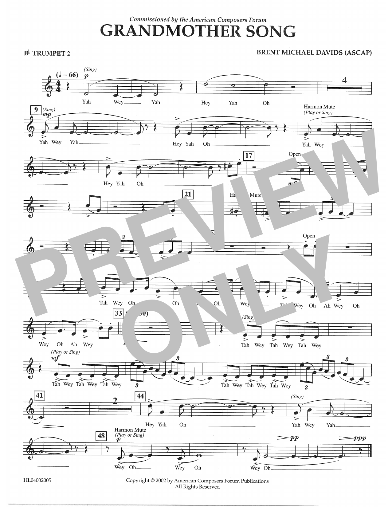Download Brent Michael Davids Grandmother Song - Bb Trumpet 2 Sheet Music and learn how to play Concert Band PDF digital score in minutes