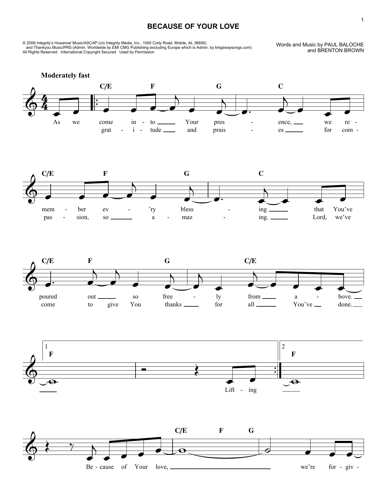 Download Brenton Brown Because Of Your Love Sheet Music and learn how to play Melody Line, Lyrics & Chords PDF digital score in minutes
