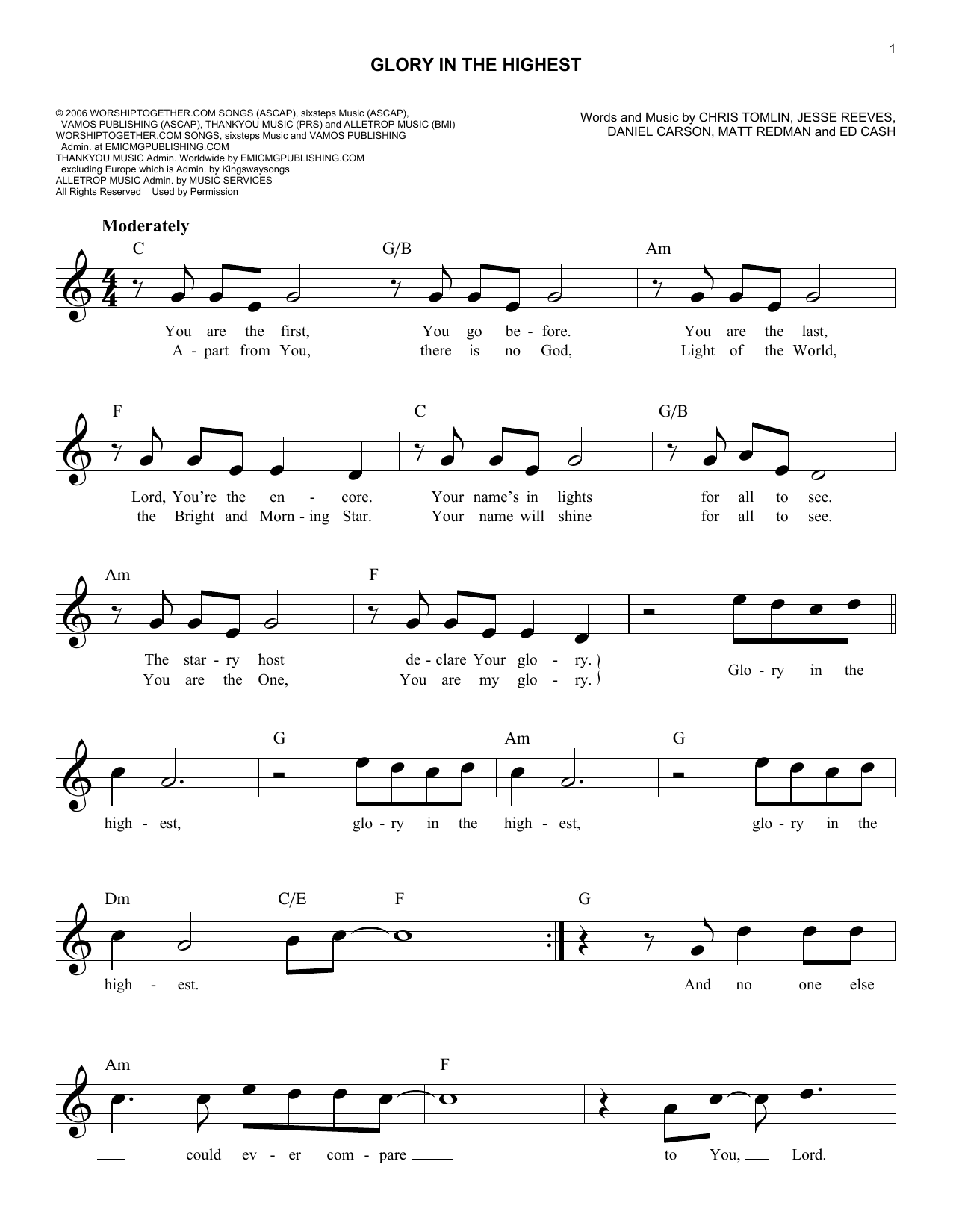 Download Brenton Brown Glory In The Highest Sheet Music and learn how to play Melody Line, Lyrics & Chords PDF digital score in minutes