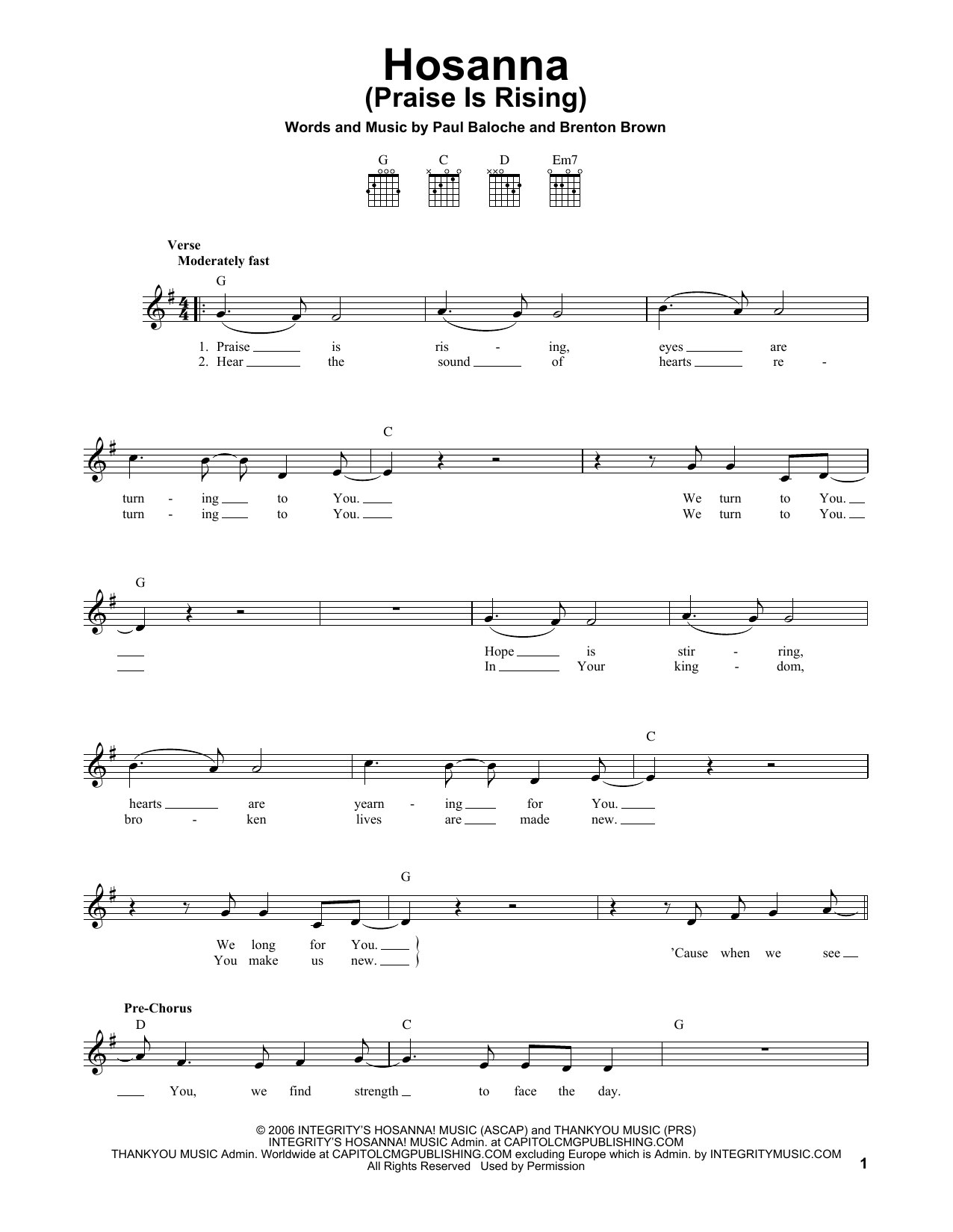 Download Brenton Brown Hosanna (Praise Is Rising) Sheet Music and learn how to play Easy Guitar PDF digital score in minutes