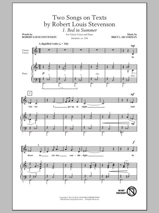 Download Bret L. Silverman Two Songs On Texts By Robert Louis Stevenson Sheet Music and learn how to play Unison Voice PDF digital score in minutes