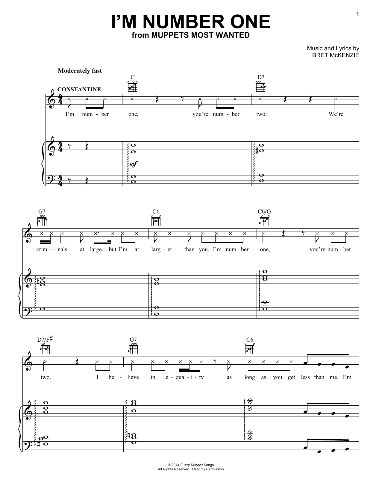Download Bret McKenzie I'm Number One Sheet Music and learn how to play Piano, Vocal & Guitar (Right-Hand Melody) PDF digital score in minutes