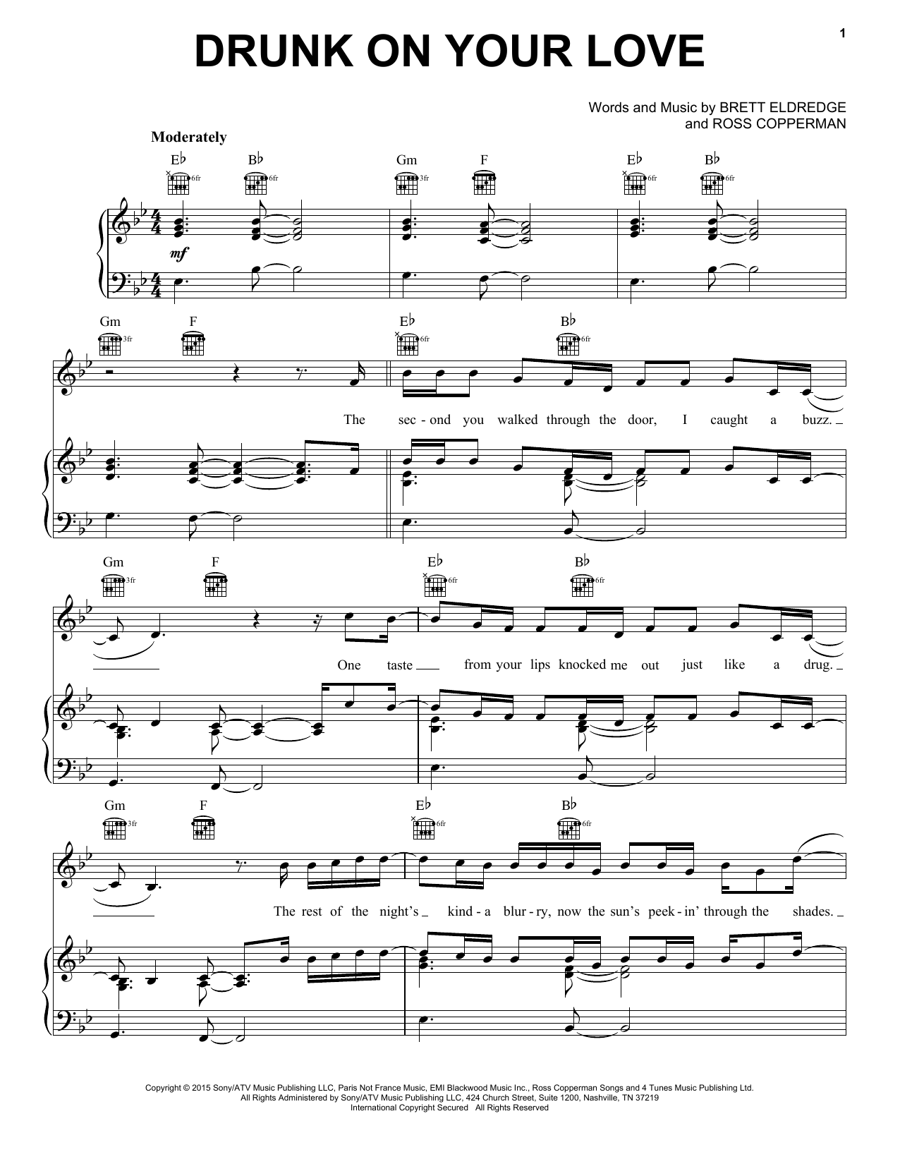 Download Brett Eldredge Drunk On Your Love Sheet Music and learn how to play Piano, Vocal & Guitar (Right-Hand Melody) PDF digital score in minutes