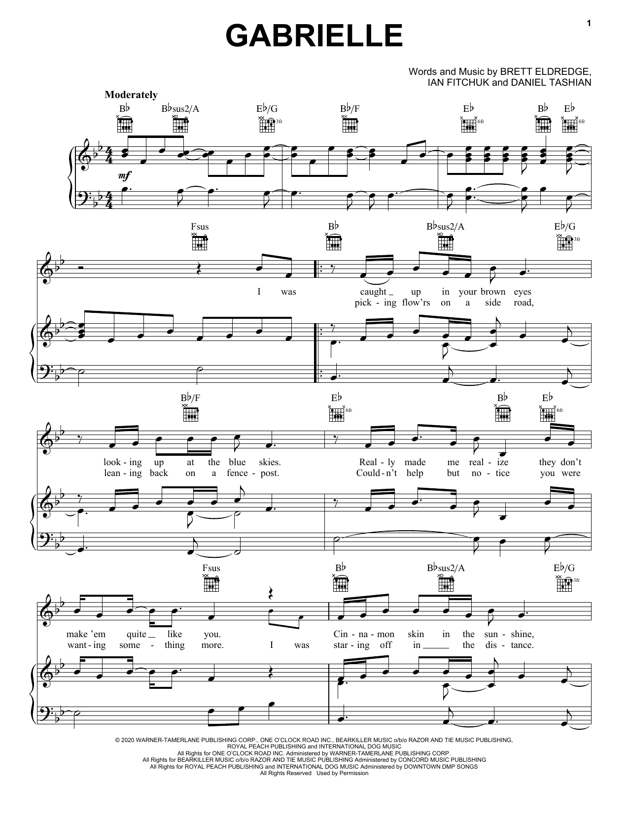 Download Brett Eldredge Gabrielle Sheet Music and learn how to play Piano, Vocal & Guitar Chords (Right-Hand Melody) PDF digital score in minutes