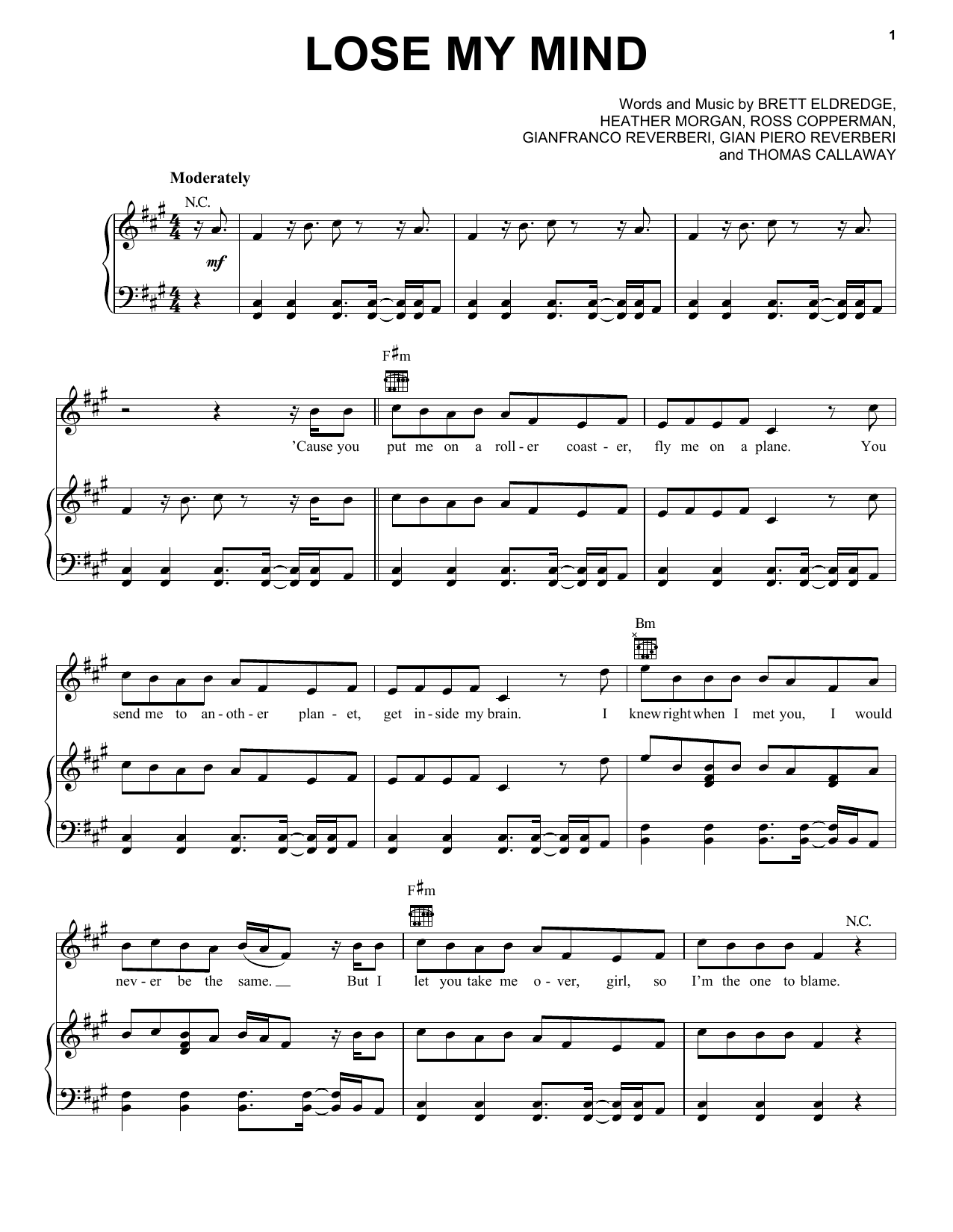 Download Brett Eldredge Lose My Mind Sheet Music and learn how to play Piano, Vocal & Guitar (Right-Hand Melody) PDF digital score in minutes