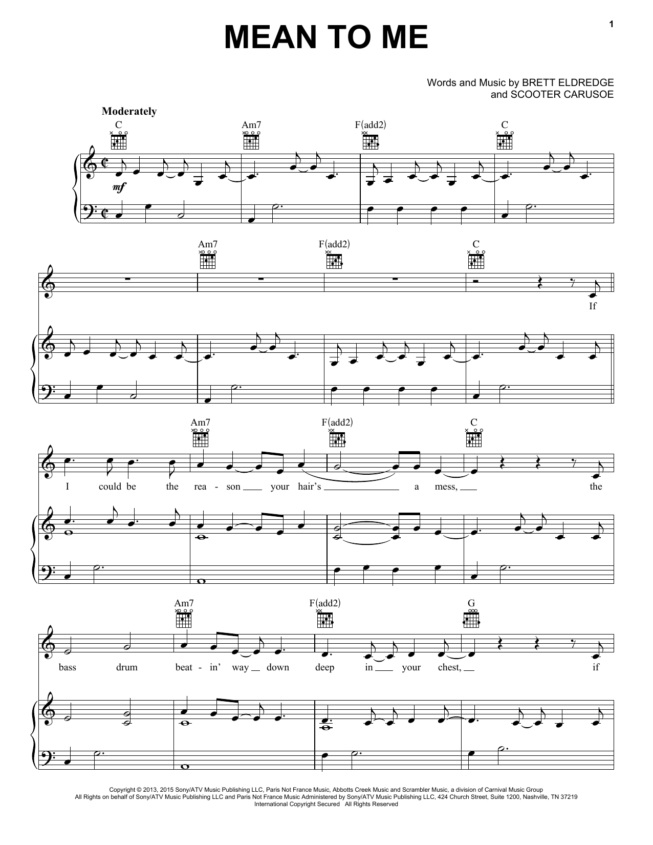 Download Brett Eldredge Mean To Me Sheet Music and learn how to play Piano, Vocal & Guitar (Right-Hand Melody) PDF digital score in minutes