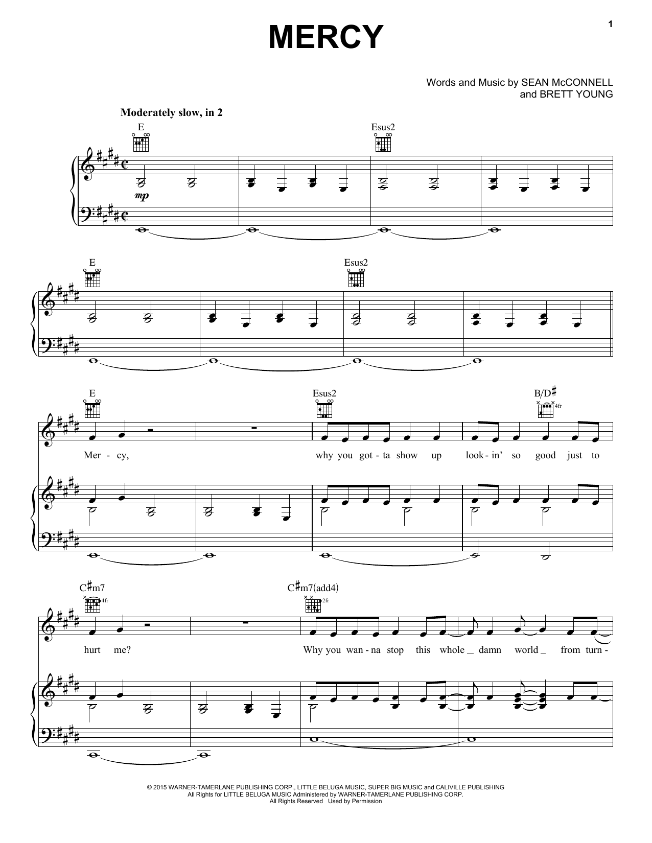 Download Brett Young Mercy Sheet Music and learn how to play Piano, Vocal & Guitar (Right-Hand Melody) PDF digital score in minutes