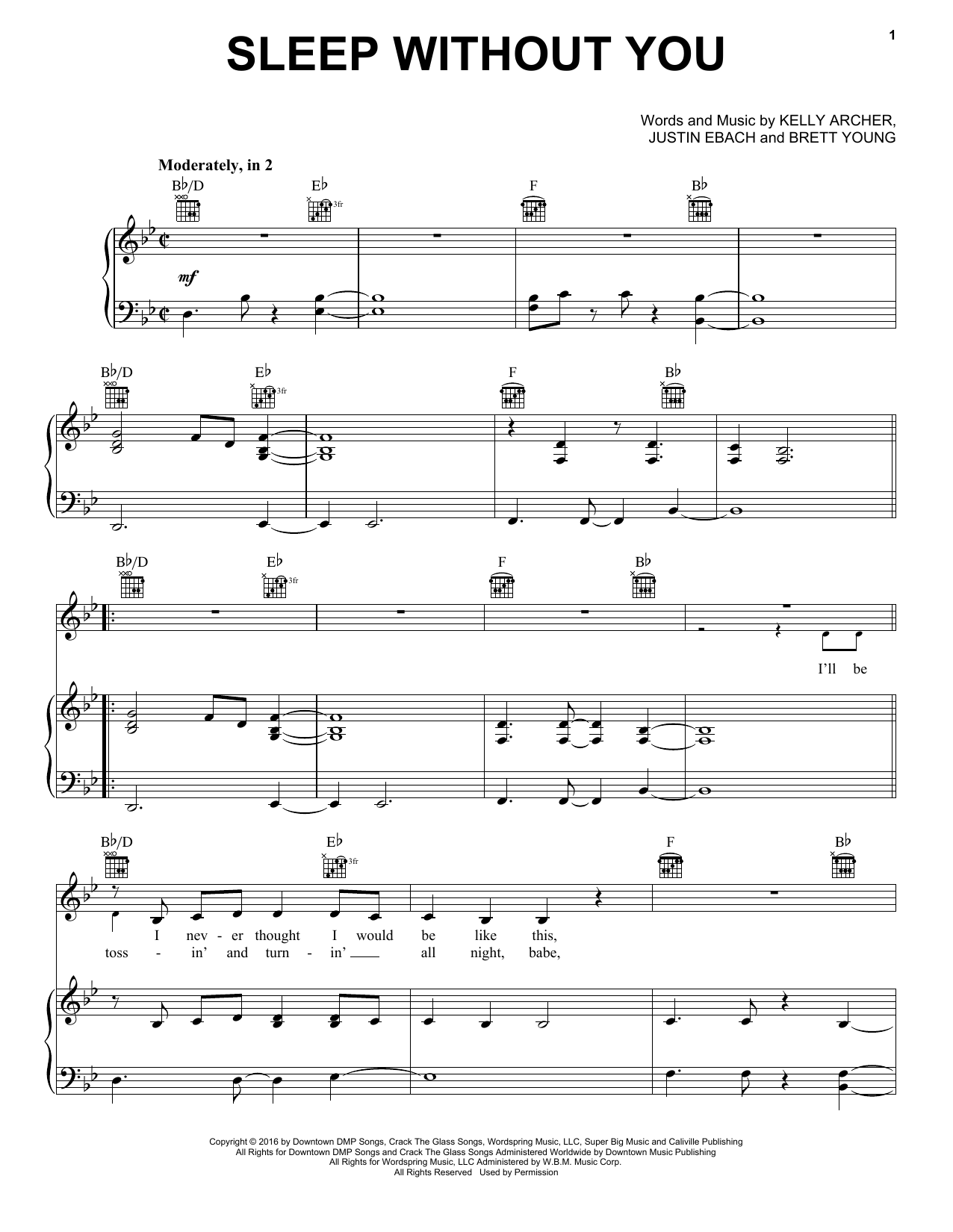 Download Brett Young Sleep Without You Sheet Music and learn how to play Piano, Vocal & Guitar (Right-Hand Melody) PDF digital score in minutes