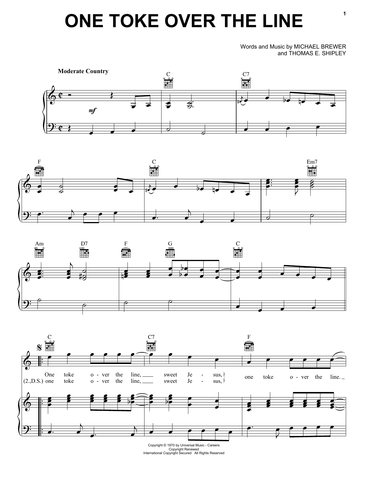 Download Brewer & Shipley One Toke Over The Line Sheet Music and learn how to play Piano, Vocal & Guitar (Right-Hand Melody) PDF digital score in minutes