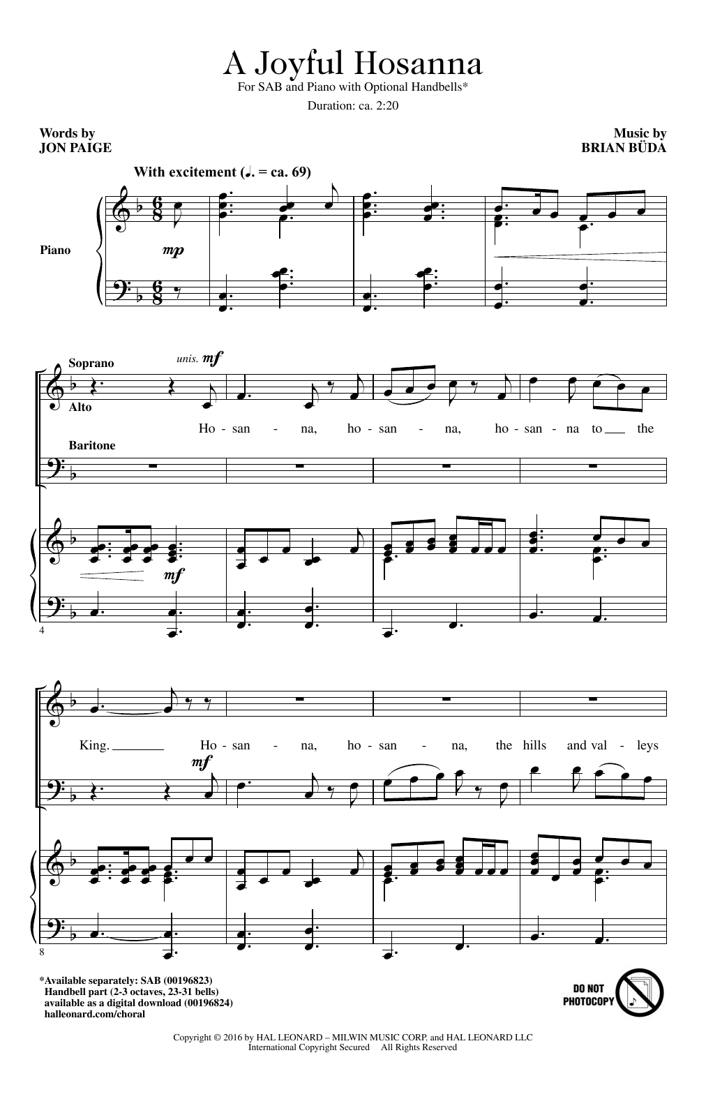 Download Brian Buda A Joyful Hosanna Sheet Music and learn how to play SAB PDF digital score in minutes