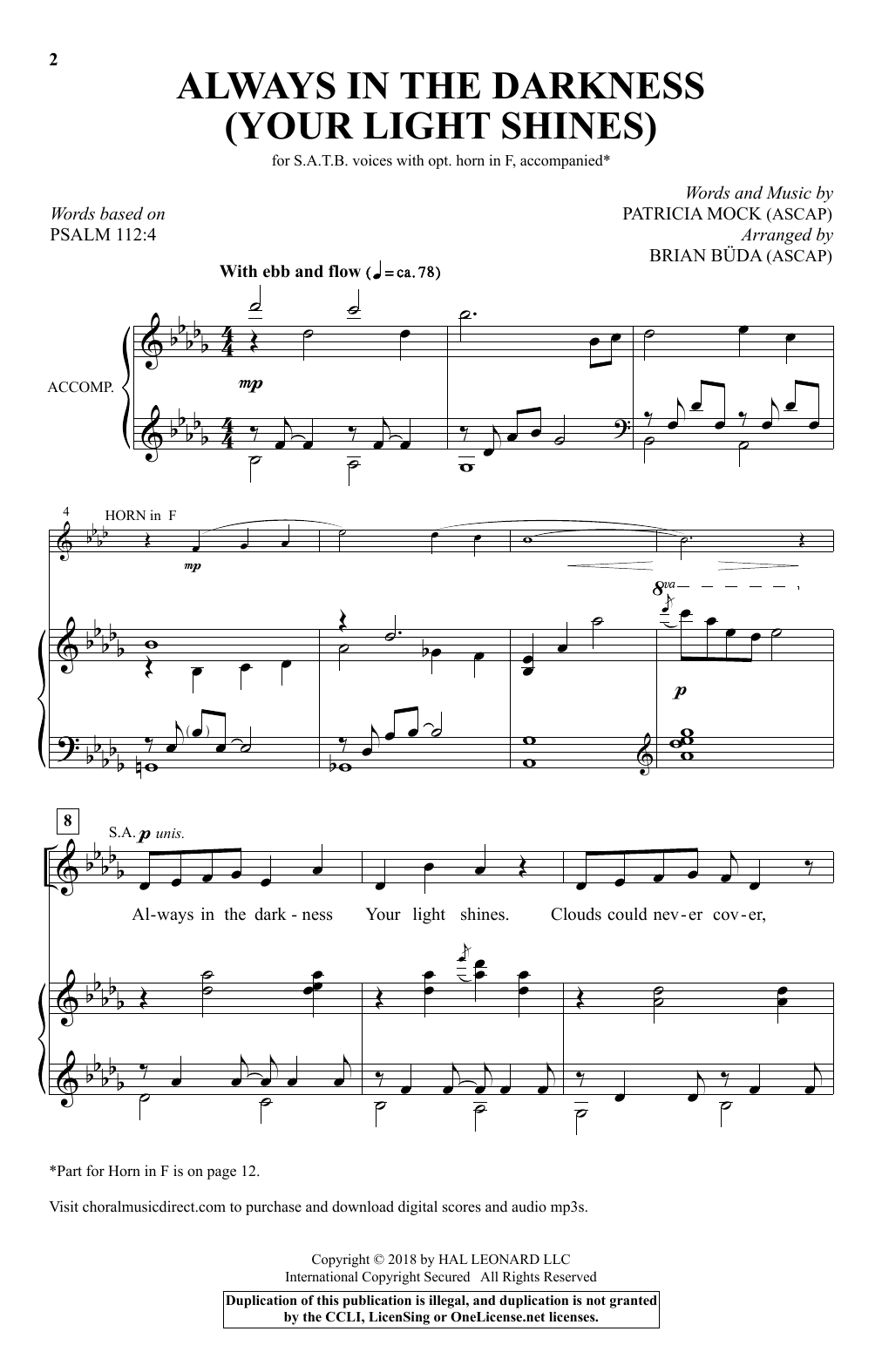 Download Brian Buda Always In The Darkness (Your Light Shines) Sheet Music and learn how to play SATB PDF digital score in minutes