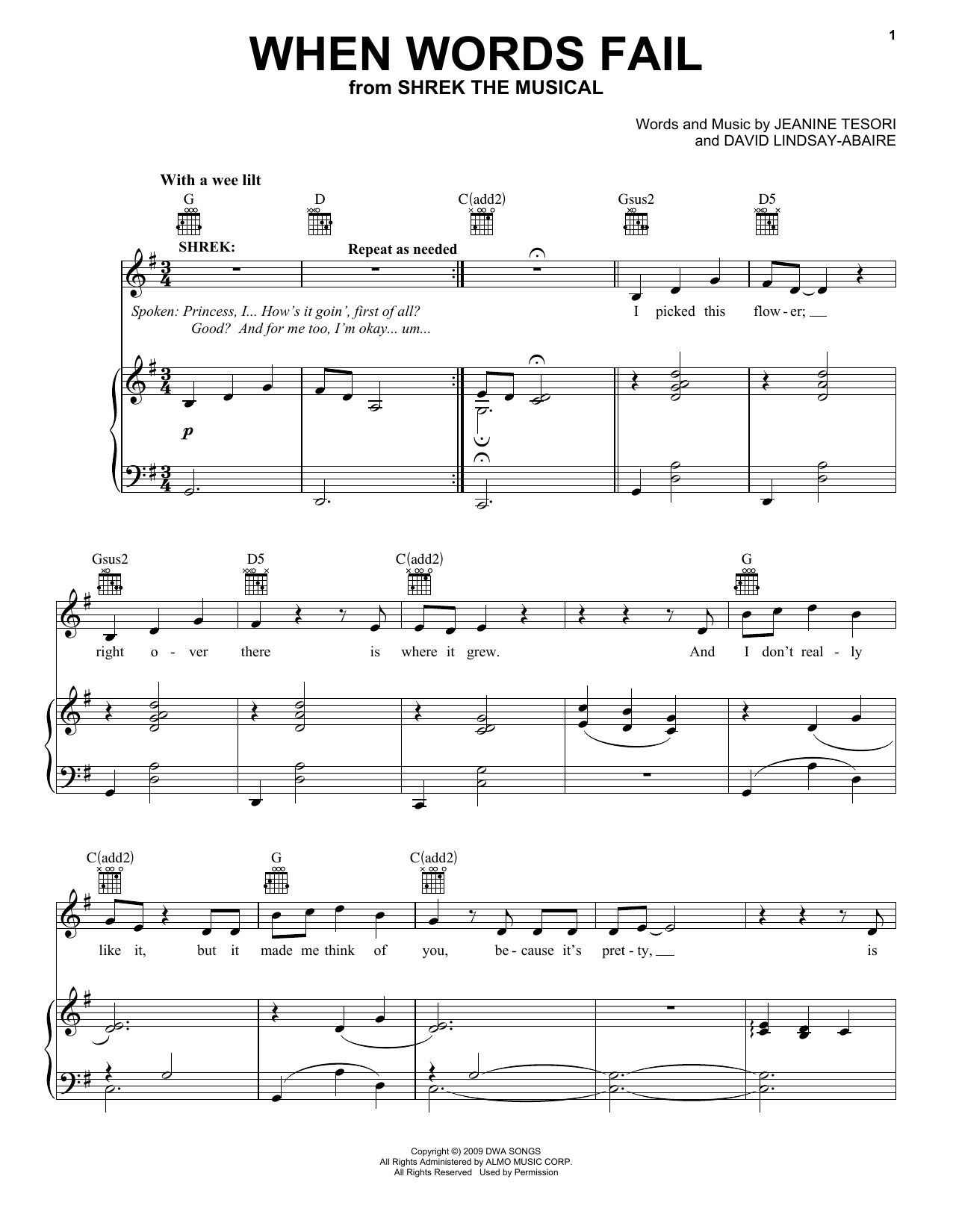 Download Brian d'Arcy James When Words Fail (from Shrek The Musical) Sheet Music and learn how to play Vocal Pro + Piano/Guitar PDF digital score in minutes