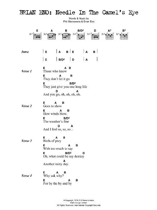 Download Brian Eno Needle In The Camel's Eye Sheet Music and learn how to play Lyrics & Chords PDF digital score in minutes