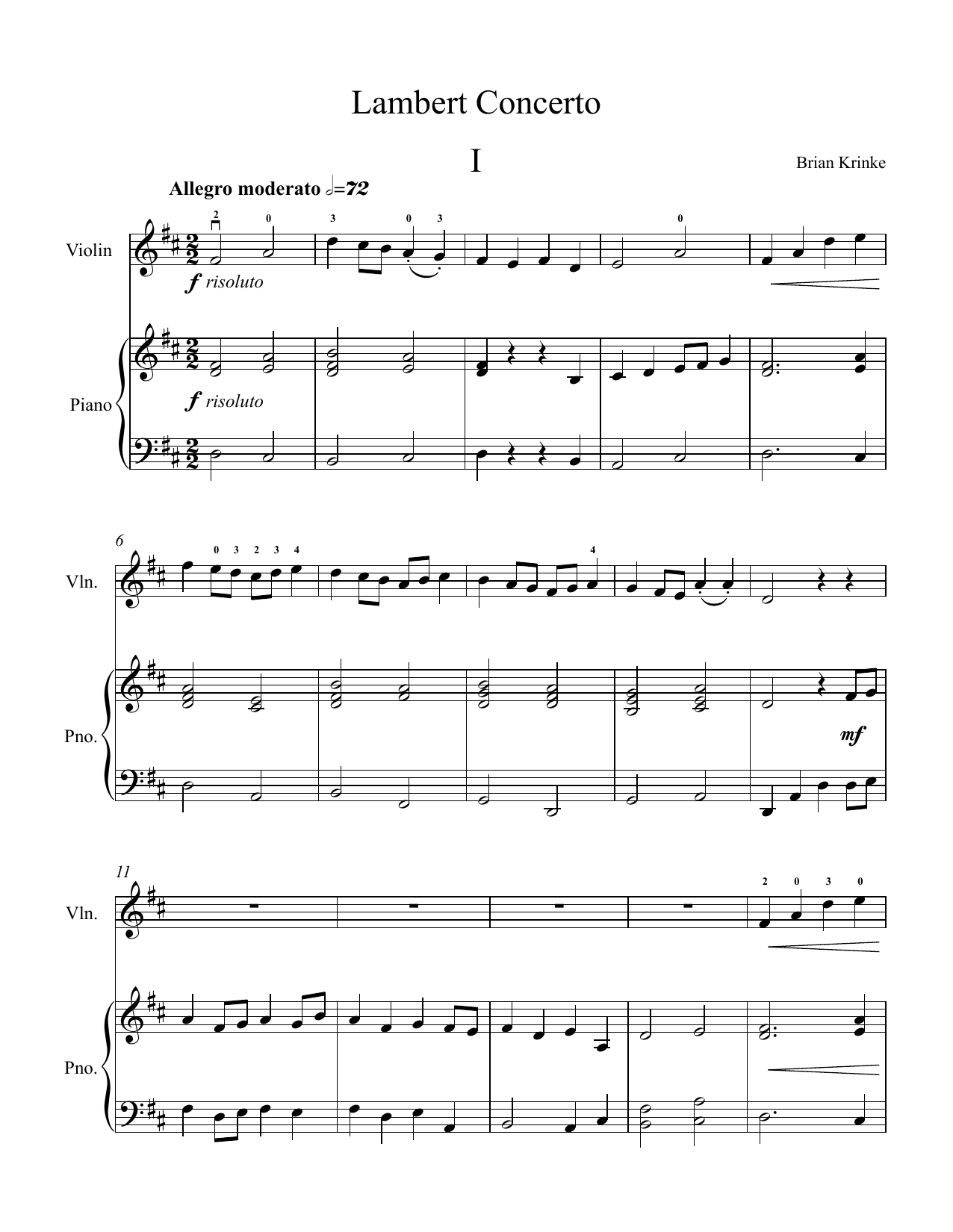Download Brian Krinke Lambert Concerto (Violin and piano reduction) Sheet Music and learn how to play Violin Solo PDF digital score in minutes