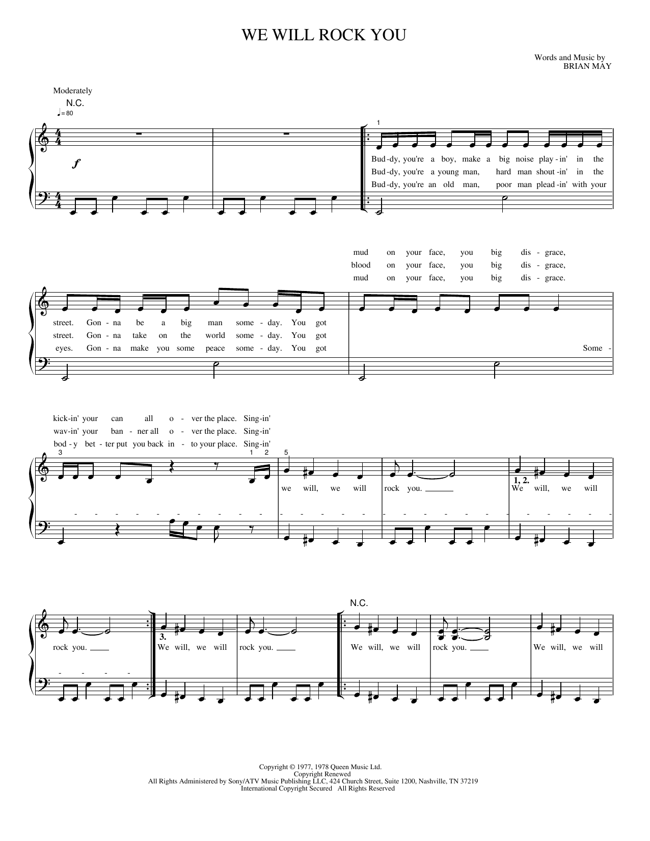 Download Brian May We Will Rock You Sheet Music and learn how to play Piano, Vocal & Guitar Chords (Right-Hand Melody) PDF digital score in minutes