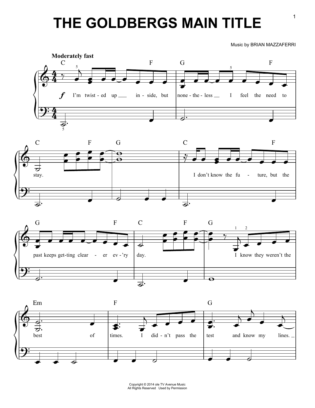 Download Brian Mazzaferri The Goldbergs Main Title Sheet Music and learn how to play Very Easy Piano PDF digital score in minutes