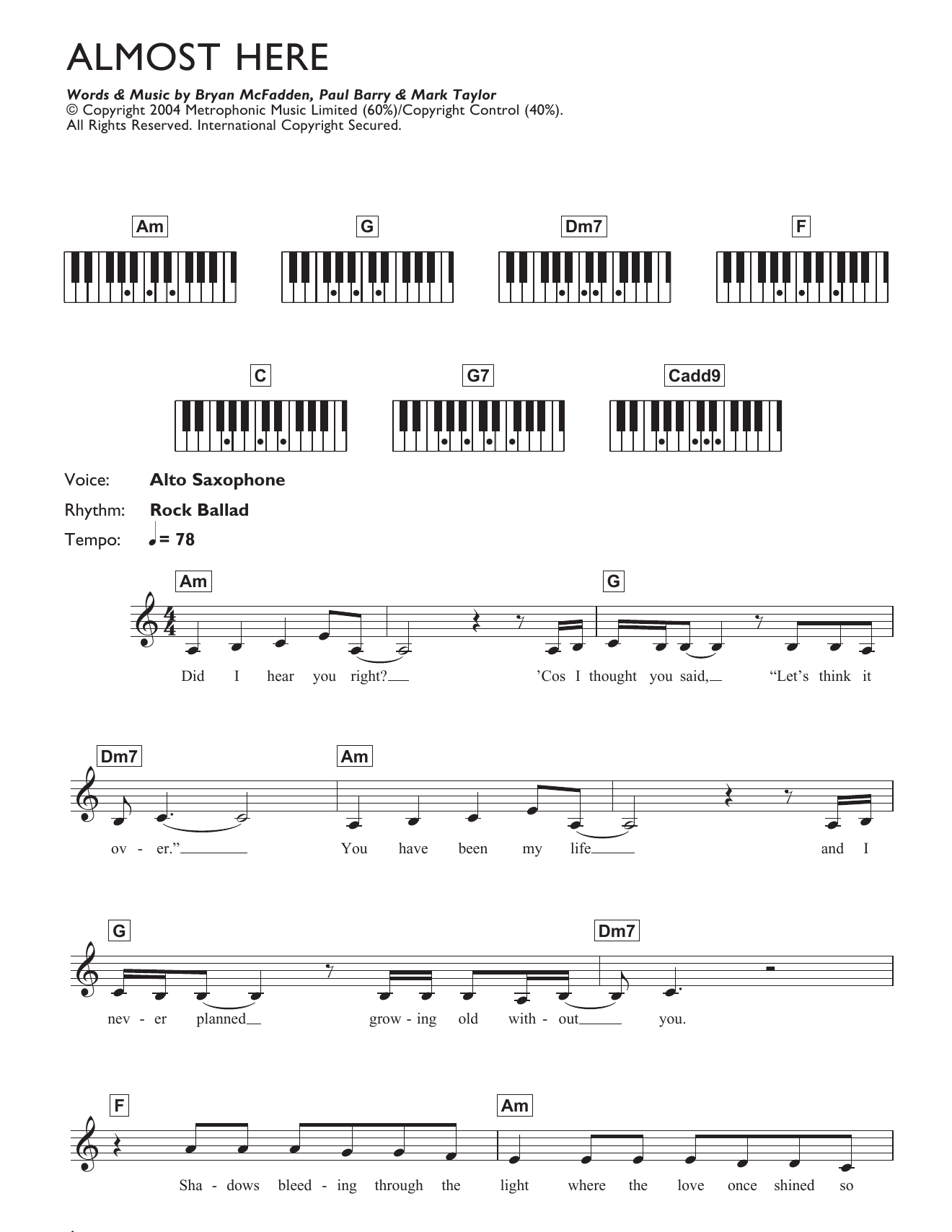 Download Brian McFadden Almost Here Sheet Music and learn how to play Piano Chords/Lyrics PDF digital score in minutes