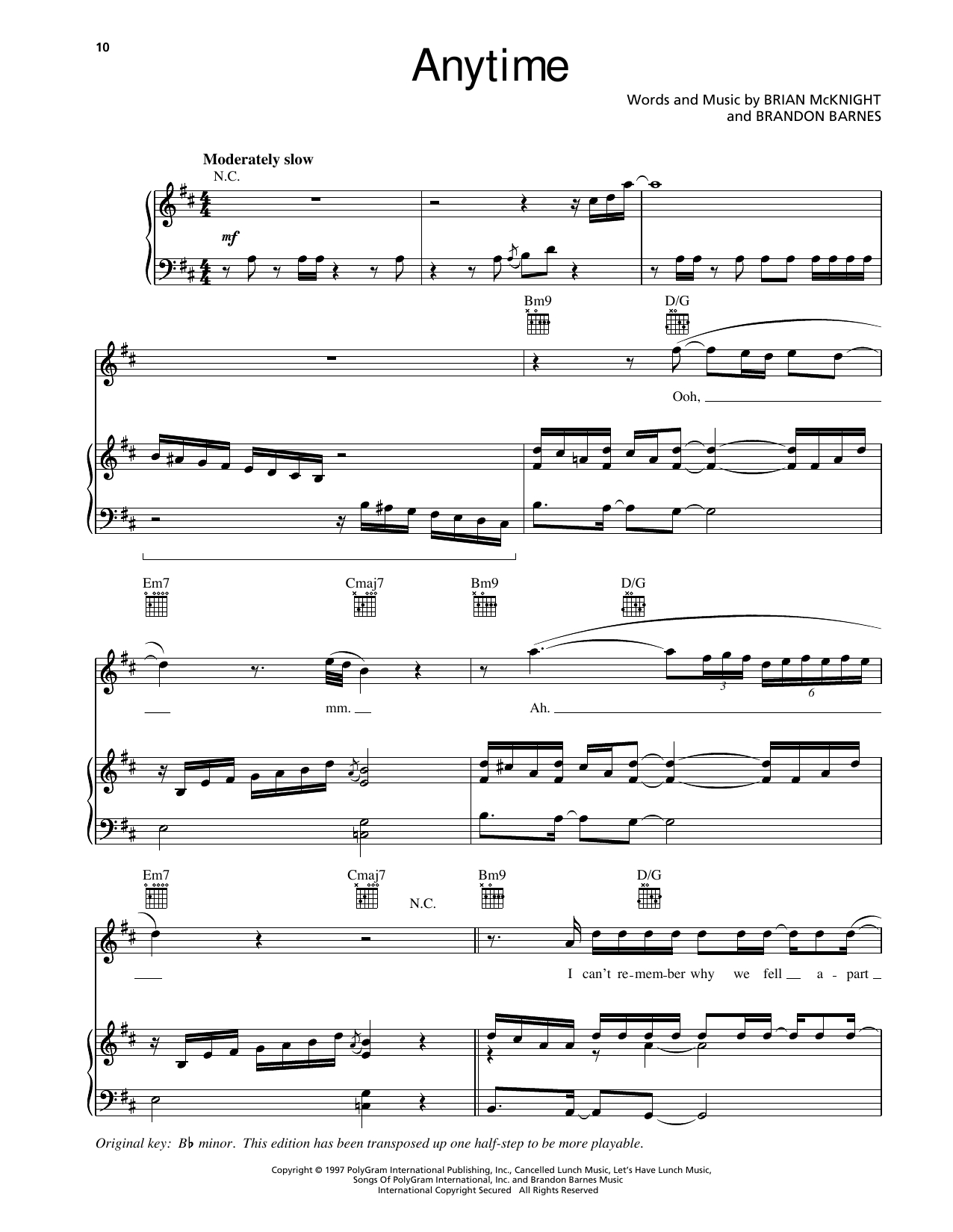 Download Brian McKnight Anytime Sheet Music and learn how to play Piano, Vocal & Guitar Chords (Right-Hand Melody) PDF digital score in minutes